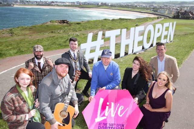 Looking forward to seven days of entertainment, activities and attractions during Live at The 148th Open organised by Causeway Coast and Glens Borough Council are musicians Laoiseach McGarry and Steve Iveson, actor Andy Porter, the Mayor of Causeway Coast and Glens Borough Council Councillor Sean Bateson, John McNally from Portrush Heritage Group, Lesley Anne O'Donnell from Tourism NI, Paul Shaw from Xperential and Northern Ireland Opera singer Maria McCrann. PICTURE KEVIN MCAULEY/MCAULEY MULTIMEDIA